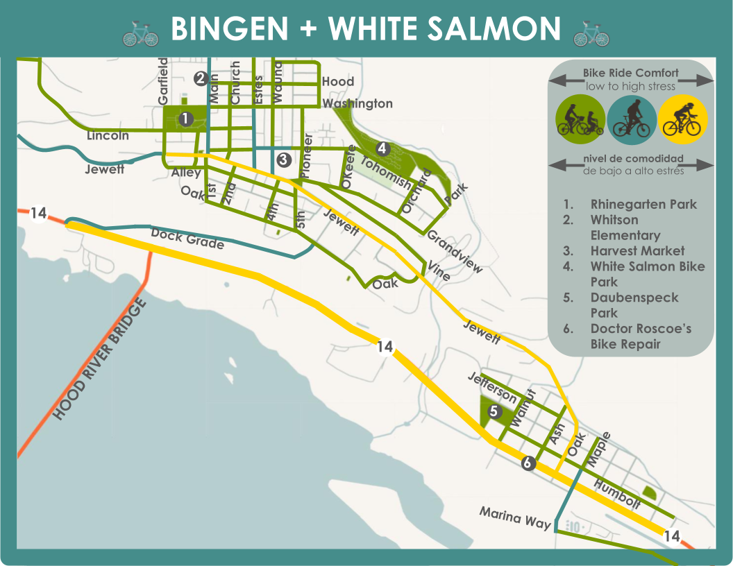 Bingen and White Salmon bike comfort route map